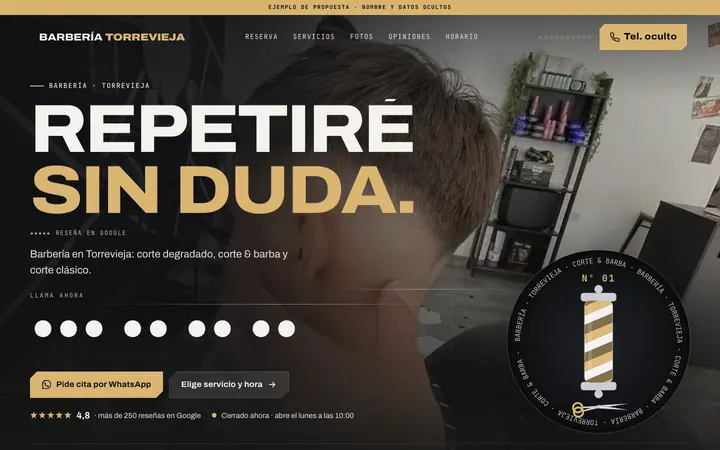 Captura de la web de barbería en Torrevieja, en el ordenador. Nombre y datos ocultos.