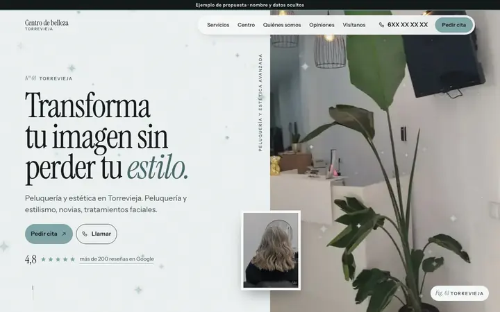 Captura de la web de peluquería y estética en Torrevieja, en el ordenador. Nombre y datos ocultos.