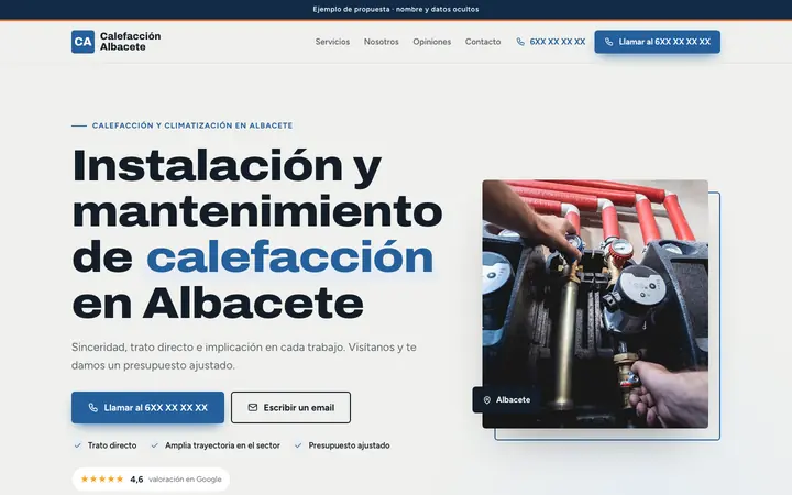 Captura de la web de calefacción y fontanería en Albacete, en el ordenador. Nombre y datos ocultos.