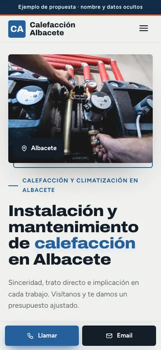 Captura de la web de calefacción y fontanería en Albacete, en el móvil. Nombre y datos ocultos.