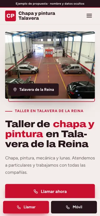 Captura de la web de chapa y pintura en Talavera de la Reina, en el móvil. Nombre y datos ocultos.