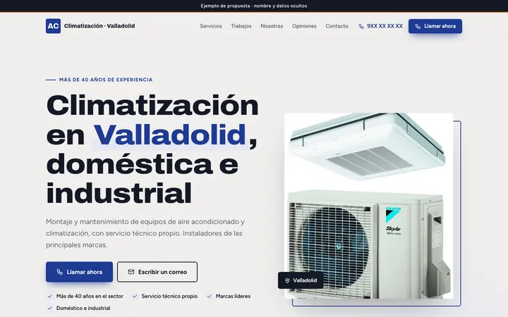 Captura de la web de aire acondicionado y climatización en Valladolid, en el ordenador. Nombre y datos ocultos.