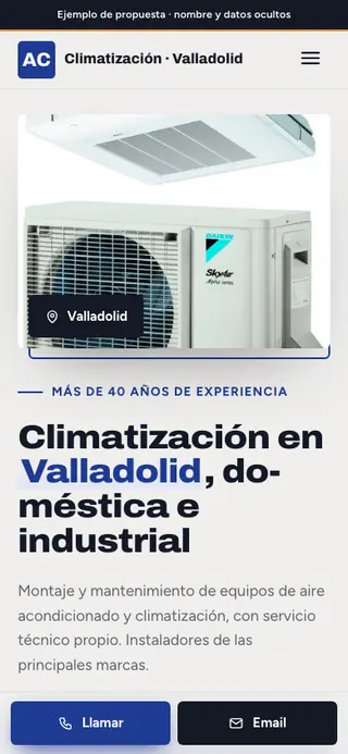 Captura de la web de aire acondicionado y climatización en Valladolid, en el móvil. Nombre y datos ocultos.