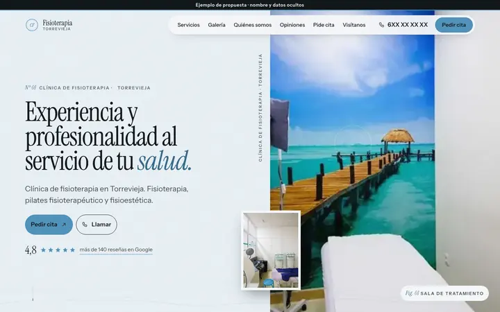 Captura de la web de clínica de fisioterapia en Torrevieja, en el ordenador. Nombre y datos ocultos.