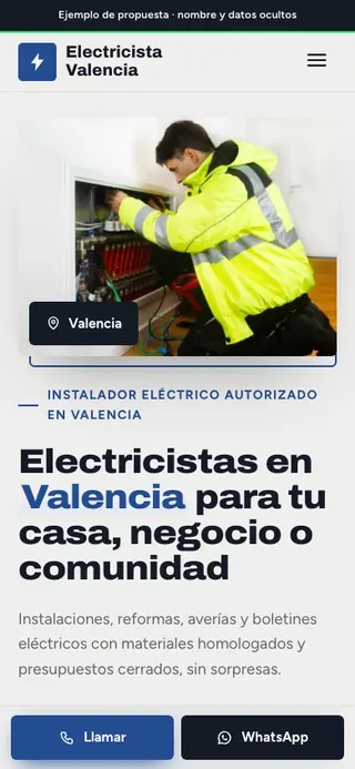 Captura de la web de electricista en Valencia, en el móvil. Nombre y datos ocultos.