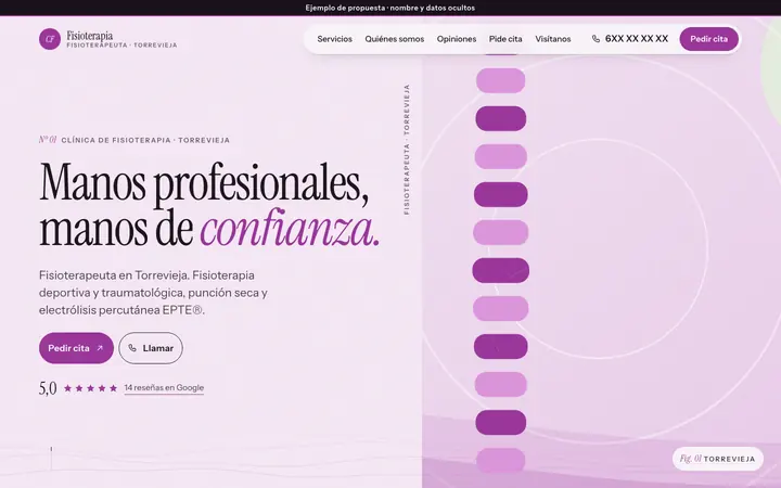 Captura de la web de clínica de fisioterapia en Torrevieja, en el ordenador. Nombre y datos ocultos.