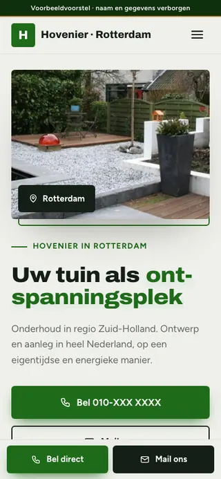 Captura de la web de jardinería en Rotterdam, en el móvil. Nombre y datos ocultos.