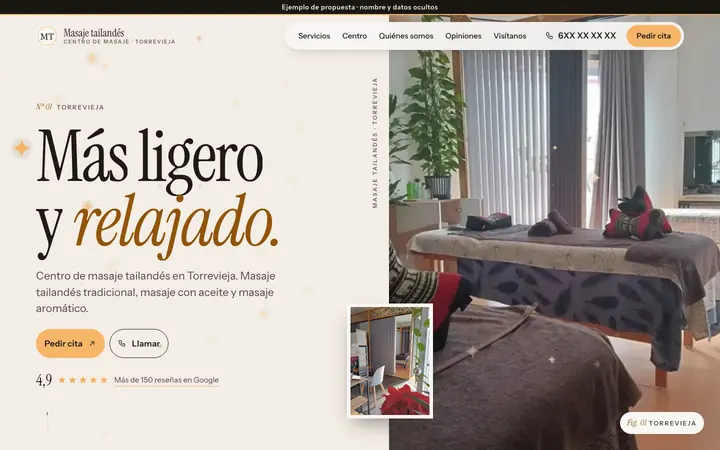 Captura de la web de masaje tailandés en Torrevieja, en el ordenador. Nombre y datos ocultos.