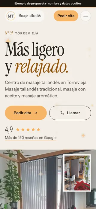 Captura de la web de masaje tailandés en Torrevieja, en el móvil. Nombre y datos ocultos.