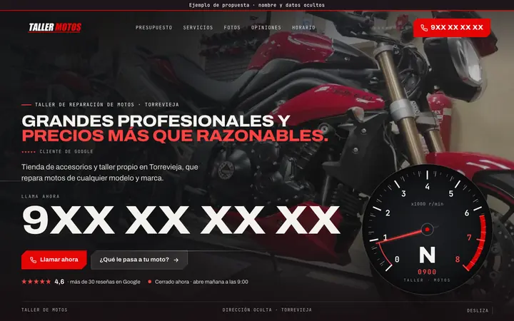Captura de la web de taller de motos en Torrevieja, en el ordenador. Nombre y datos ocultos.