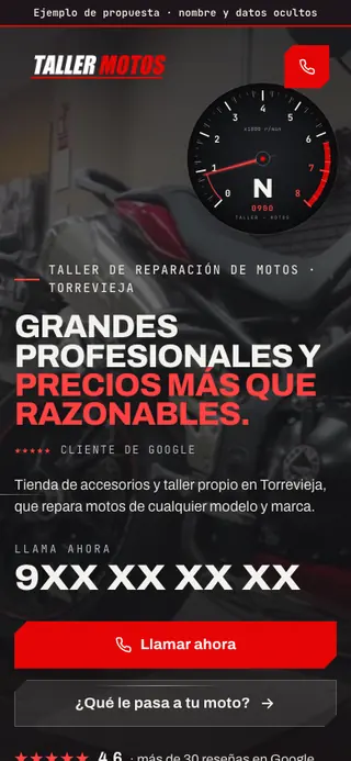 Captura de la web de taller de motos en Torrevieja, en el móvil. Nombre y datos ocultos.