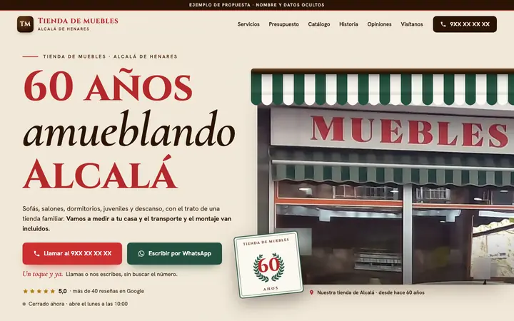 Captura de la web de tienda de muebles en Alcalá de Henares, en el ordenador. Nombre y datos ocultos.
