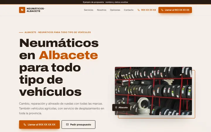 Captura de la web de neumáticos en Albacete, en el ordenador. Nombre y datos ocultos.
