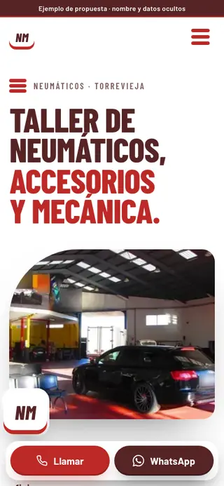 Captura de la web de neumáticos y mecánica en Torrevieja, en el móvil. Nombre y datos ocultos.