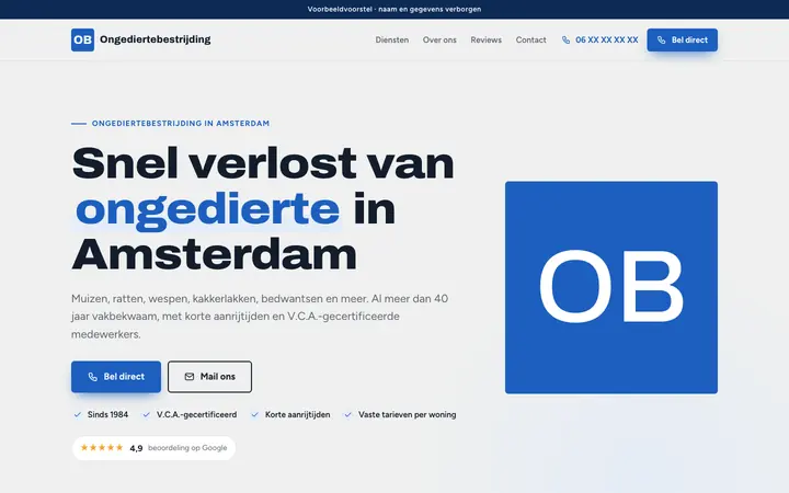 Captura de la web de control de plagas en Amsterdam, en el ordenador. Nombre y datos ocultos.