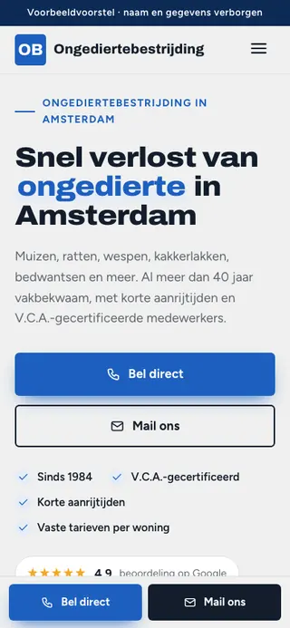 Captura de la web de control de plagas en Amsterdam, en el móvil. Nombre y datos ocultos.
