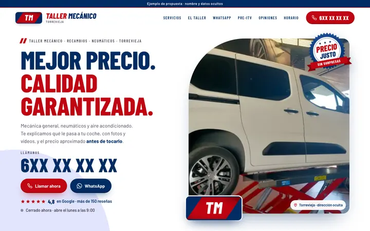 Captura de la web de taller mecánico en Torrevieja, en el ordenador. Nombre y datos ocultos.