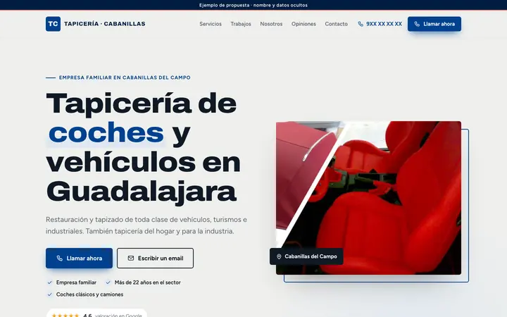 Captura de la web de tapicería de coches en Cabanillas del Campo, en el ordenador. Nombre y datos ocultos.