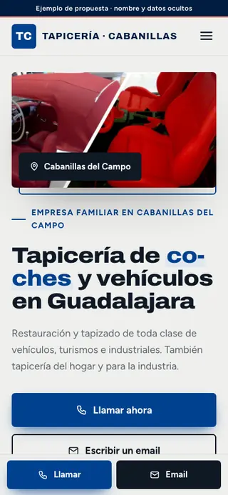 Captura de la web de tapicería de coches en Cabanillas del Campo, en el móvil. Nombre y datos ocultos.